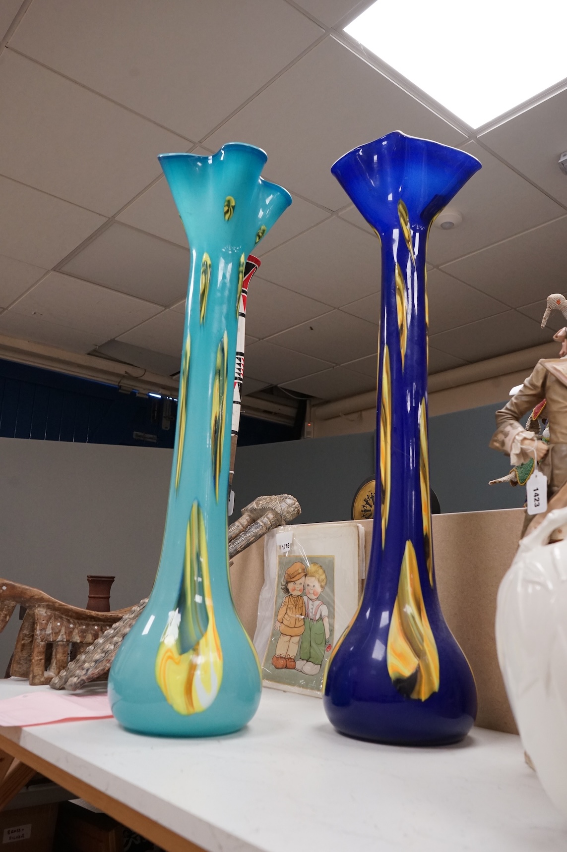 Two large blue and yellow Murano glass vases, 95cm